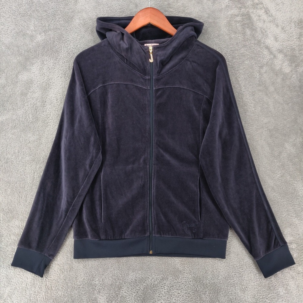 Juicy Couture Velour Hoodie Jacket Womens Large Blue Full Zip Rhinestones